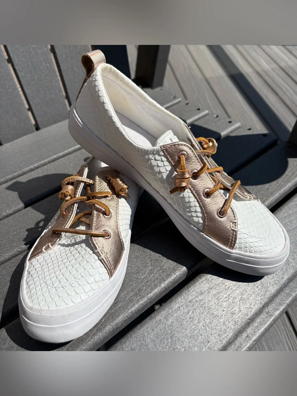 Sperry White Woven Low-Top Sneaker with Metallic Rose Accents
